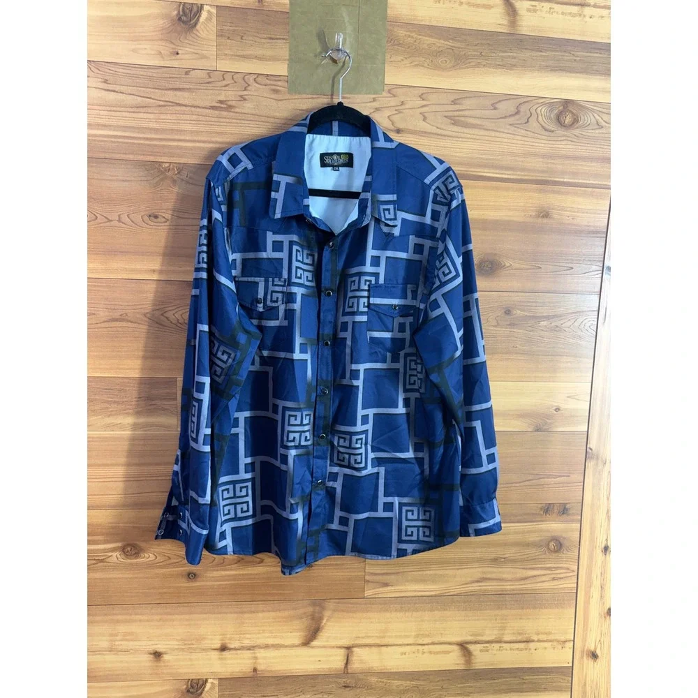 Senor De Los Cielos Mens 2XL Blue Geometric Greek Key Western Button Down Shirt